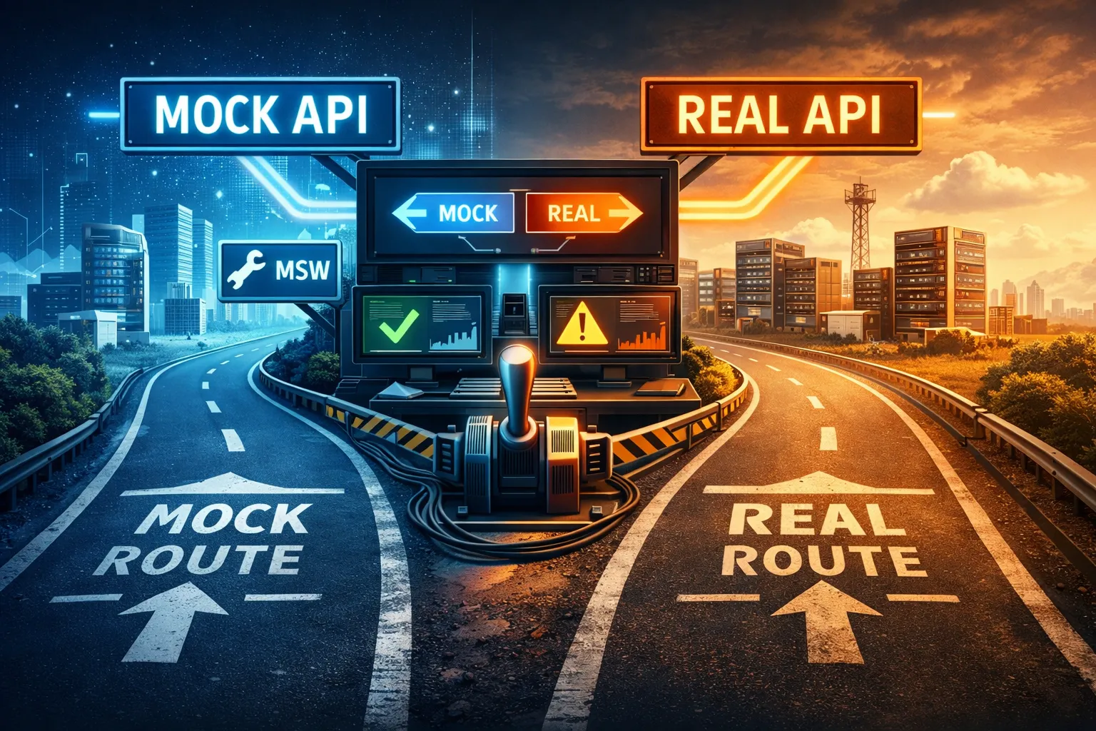 A road forking into a blue Mock API route and an orange Real API route, with an MSW switch lever in the middle.